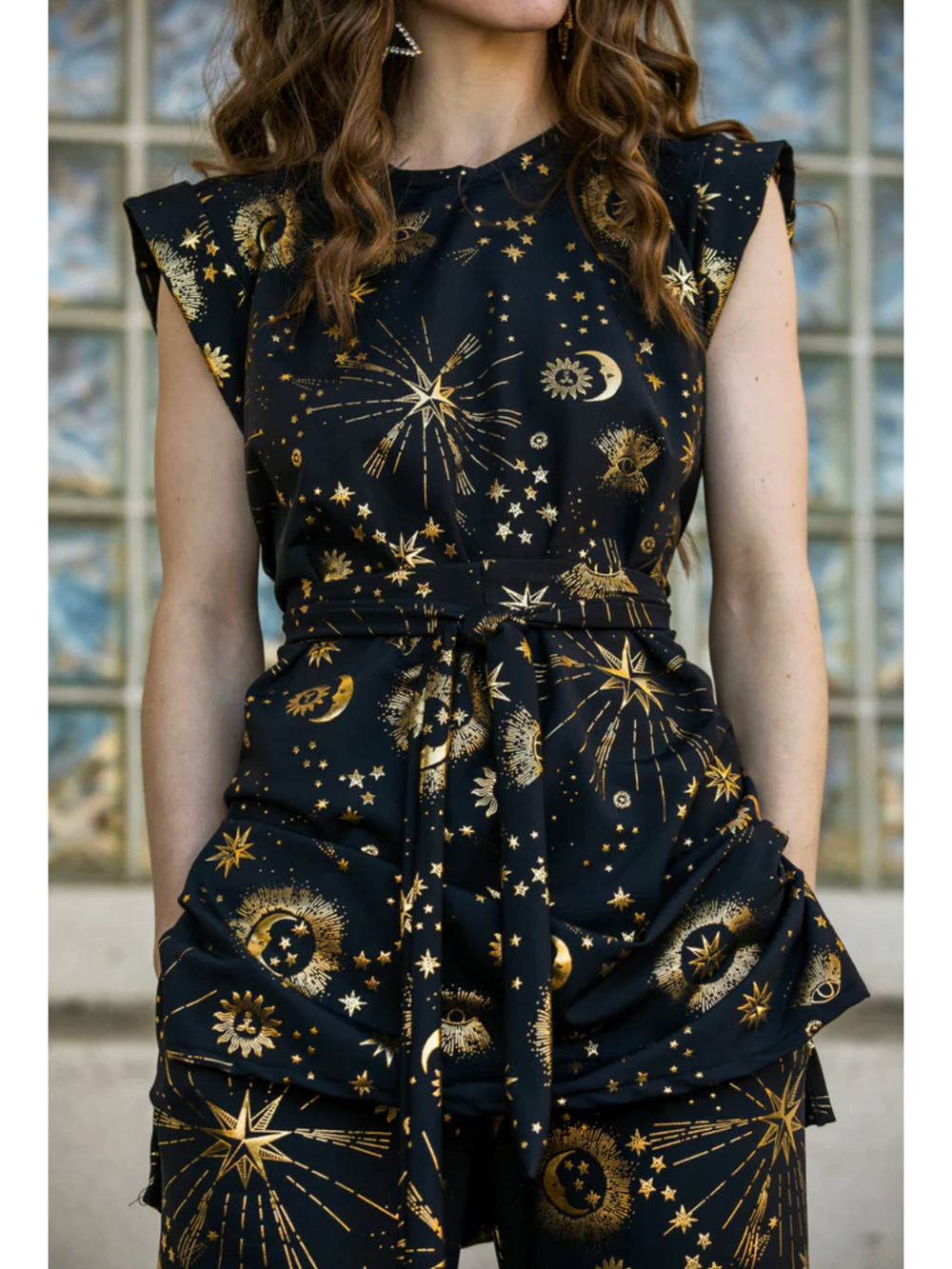 Jennafer Grace Celestial Gold Print Tunic Top Mini Dress S/M Witchy Astrology